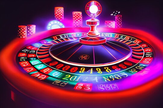 Neon Casino Slot Machine, Casino Roulette Wheel, Playing Cards And Hologram Of Digital Rings In Dark Empty Scene