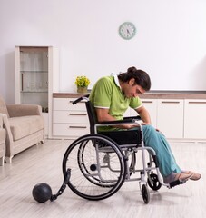 Young male invalid in wheel-chair suffering at home