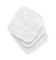 Soft clean cotton pads on white background, top view