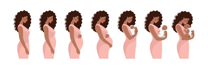 Pregnancy stages, newborn development, infographics. Pregnant black woman, Arabic mom with baby. Set of vector illustrations isolated on white background.