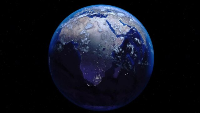 Zoom out of Zimbabwe through clouds to see the Earth from space.