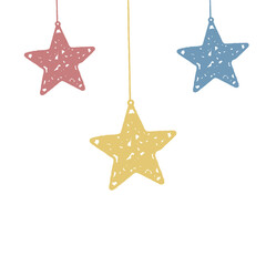 three multi-colored stars suspended on a white background