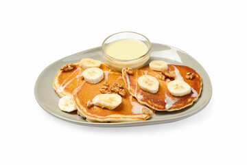 Tasty pancakes with sliced banana isolated on white