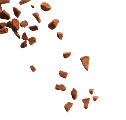 Pouring aromatic instant coffee on white background