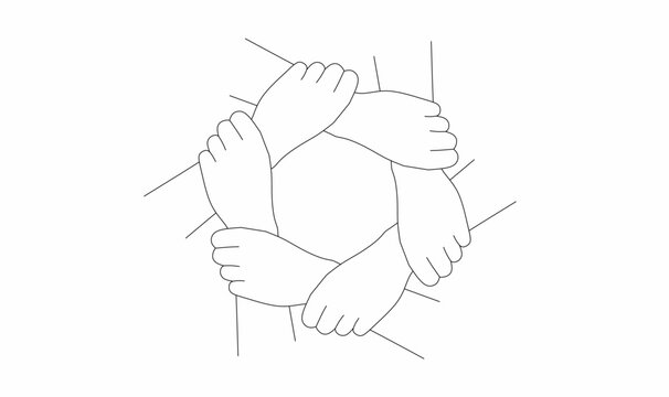 outline six hands hold together icon set isolated on white background. Symbol of team work, support, charity organization and donation community