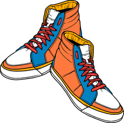 Fashion sneakers illustration in colorful drawings, digital graphics sneakers vector line art isolated, shoe illustration template.