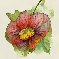 Red abutilon flowers watercolor illustration. Hand drawn botanical beautiful vibrant blossoms in the full bloom with buds