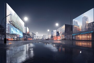 Fototapeta premium 3D Rendering of billboards and advertisement signs at modern buildings in capital city with light reflection from puddles on street. Concept for night life, never sleep business district center (CBD)