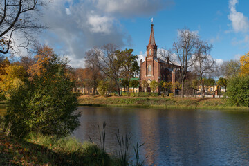 View of the Lutheran Church of the Resurrection of Christ in Tsarskoye Selo on the bank of the 4th...