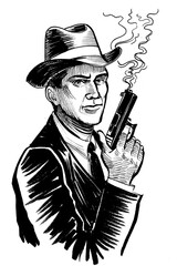 American vintage gangster with a smoking gun. Ink black and white drawing