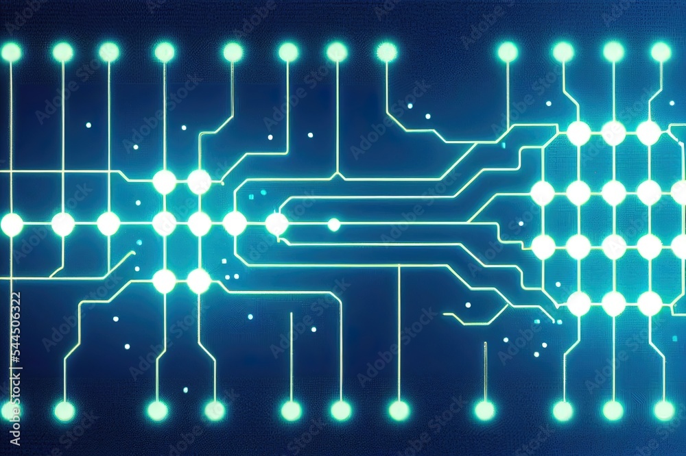 Poster microchip or microprocessor, hardware engineering. futuristic microchip processor with lights on the