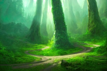 Magnificent Green Forest in Mystery Fantastic Mountain. Fantasy Backdrop Concept Art Realistic Illustration Video Game Background Digital Painting CG Artwork Scenery Artwork Serious Book Illustration