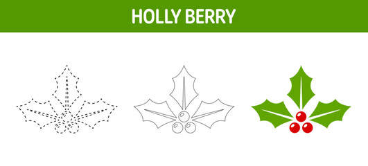 Holly Berry tracing and coloring worksheet for kids