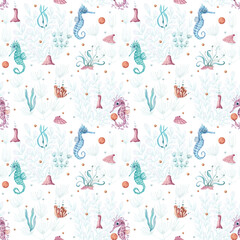 Watercolor underwater seamless pattern of seahorse, laminaria and coral. Underwater animals and plant isolated on white background. Aquatic illustration for design, print or background