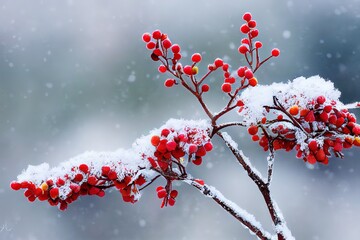 bunches of ripe red rowan covered with snow, frost on the branches, rowan tree in winter - obrazy, fototapety, plakaty
