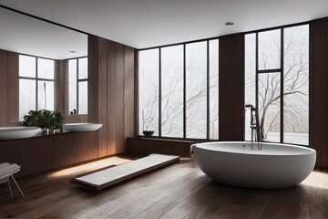 Fototapeta na wymiar Interior of modern bathroom with white walls, wooden floor, bathtub, dry plants, white sink standing on wooden countertop and a oval mirror hanging above it. 3d rendering