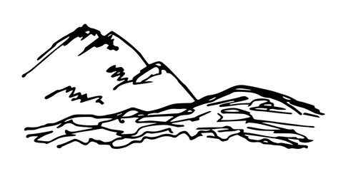 Simple hand drawn vector illustration with black outline. Mountain peak, layers of earth. Landscape and nature. Sketch in ink.