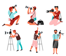 Photo camera and photographers men and women with isolated male and female characters vector