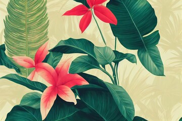 Drawn tropical, exotic plants and leaves among the columns. Floral background for mural, wallpaper, photo wallpaper, postcard, card. Loft, modern, classic design.