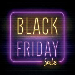 Obraz premium Black friday sale, year biggest sale vector banner template. Price reduction minimal sticker design. Purple yellow neon light box with annual discount offer promo