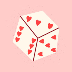 Hand drawn dice with hearts isolated vector sticker for Valentine's Day on pink