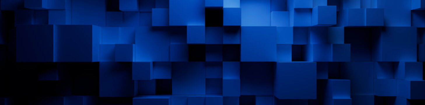 Blue and Black, Multisized Cubes Perfectly Aligned to create a Modern Tech Banner. 3D Render.
