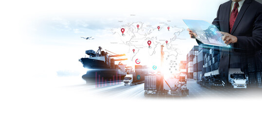 Smart Global Logistics international delivery concept, World map with logistic network distribution on background for Concept of fast or instant shipping, Online goods orders worldwide