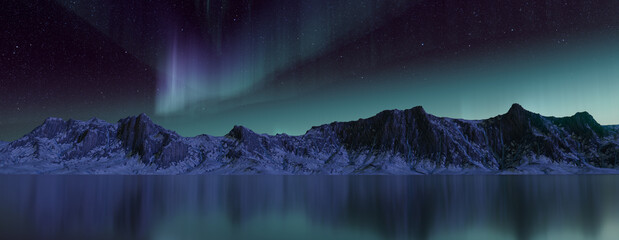 Majestic Sky with Aurora and Stars. Green Northern Lights Banner with copy-space.