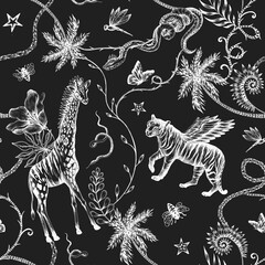 Beautiful trendy seamless pattern with hand drawn chimera animals birds insects and fantasy plants. Stock fashionable textile illustration.