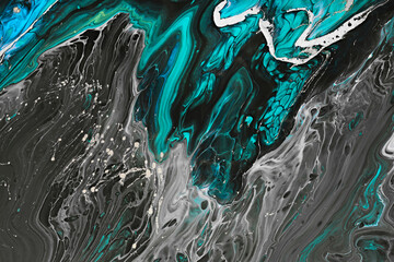 Fototapeta na wymiar Fluid Art acrylic paints. Abstract mixing gray, green and blue waves. Liquid flows splashes. Marble effect background or texture