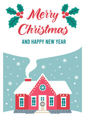 Fototapeta premium Merry Christmas. Postcard template with red house. Retro style