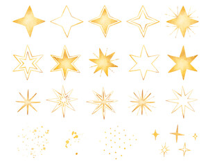 Watercolor hand drawn set with shiny gold Christmas decoration winter starry sky, glitter, outline yellow stars and dots, elements isolated on white background. New year collection.