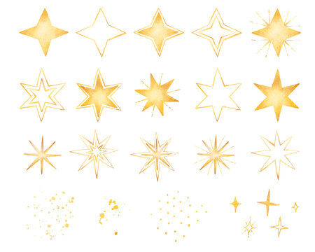 Watercolor hand drawn set with shiny gold Christmas decoration winter starry sky, glitter, outline yellow stars and dots, elements isolated on white background. New year collection.
