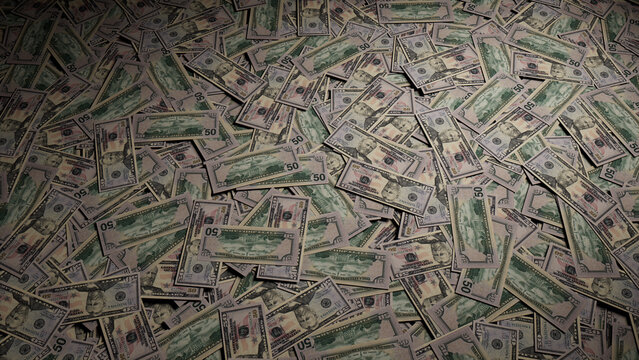 Fifty Dollar Bills. Wealth concept Wallpaper with Scattered Banknotes.