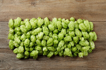 Fresh green hops on wooden table, flat lay