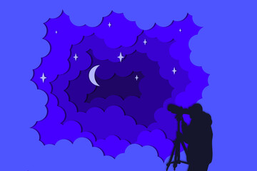 Night sky moon stars blue background paper cut design cloud 