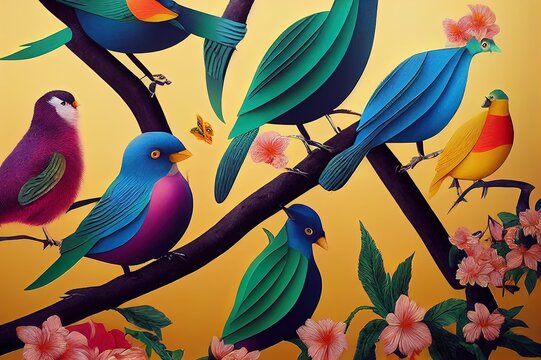3d wallpaper Animals in the garden and colorful birds