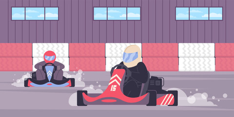 Sport cars or karts on racetrack during competition, flat vector illustration.