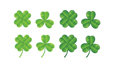 Collection of green four and three leaf clovers