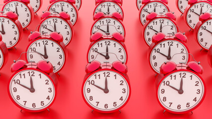 Lots of red alarm clocks on the table. Time Management. 3d illustration
