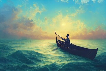 Obraz premium young man rowing a boat in the sea looking at the crescent, digital art style, illustration painting