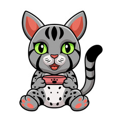 Obraz na płótnie Canvas Cute egyptian mau cat cartoon holding food bowl