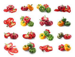 Set of many different bell peppers isolated on white