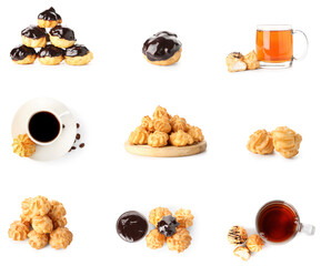 Set of tasty profiteroles and different drinks isolated on white