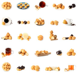 Set of tasty profiteroles and different drinks isolated on white