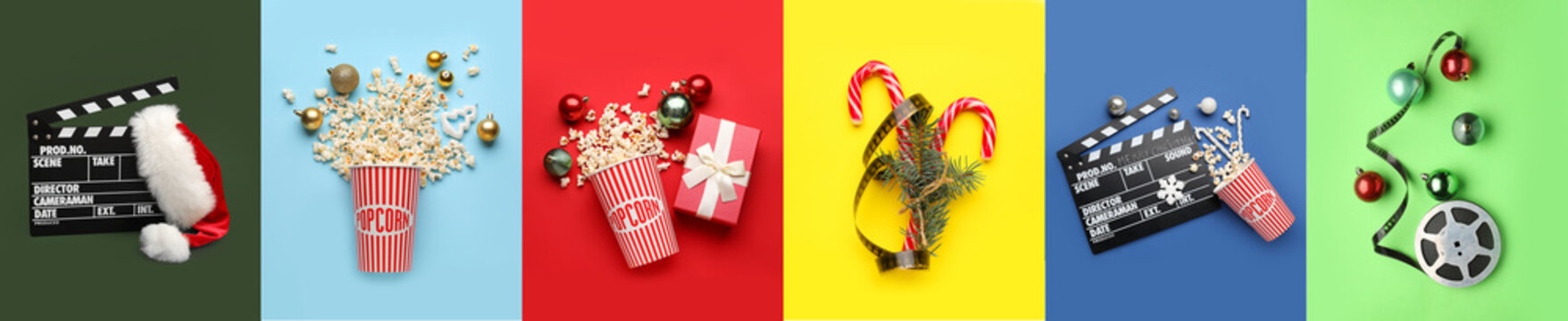 Collage of Christmas decorations with popcorn, movie clappers and film reel on color background