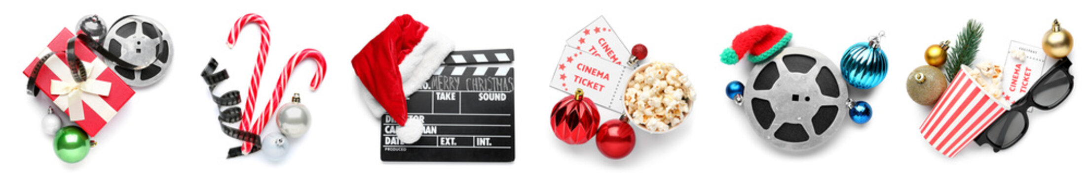 Collage of Christmas decorations with cinema tickets, movie clapper, popcorn and film reels on white background