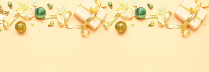 Banner with Christmas decorations on beige background