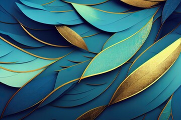 3d art wallpaper. blue, turquoise, and gray leaves, feathers, golden in drawing light background