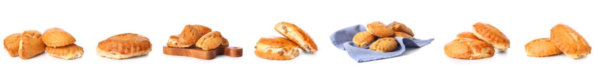 Collage of tasty sochniki with cottage cheese on white background